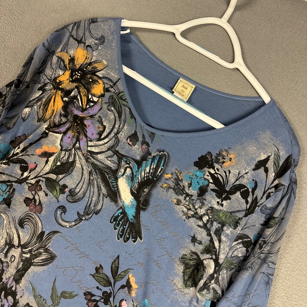 Jess & Jane Top Womens Large Blue Hummingbird Floral 3/4 Sleeve Tunic Cotton USA